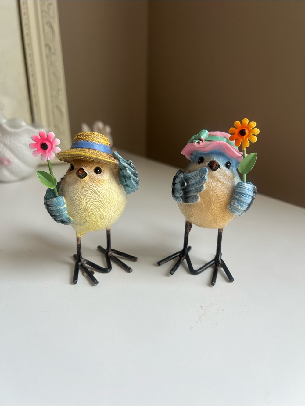 Decorative Yellow Bird Figurines with Flower - Set of 2